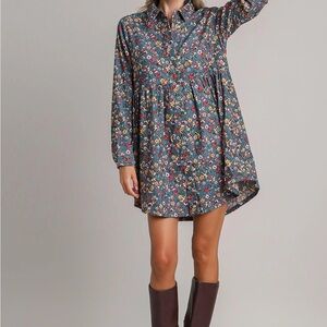 Floral Print Corduroy Collar Dress M